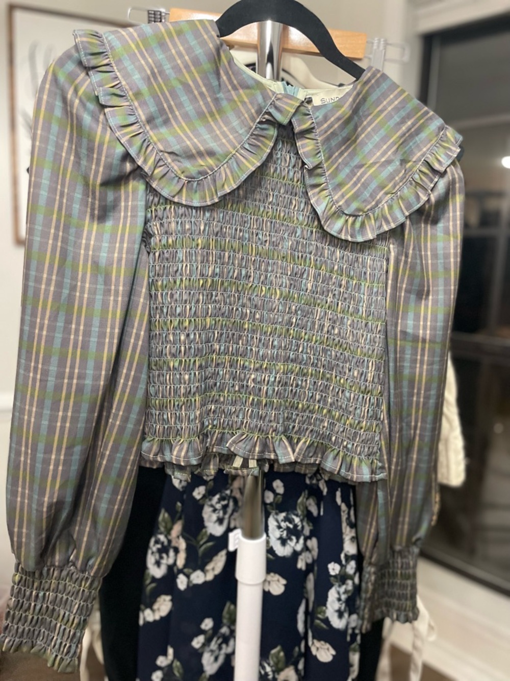 Sunday Up Plaid Smocked Blouse Peter Pan Collar Ruffle Trim Crop Top Size S